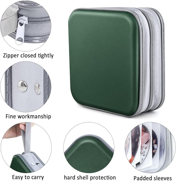 CD/DVD Case Wallet, 48 Capacity, Dark Green, Plastic, Portable Storage Organizer | Zipper‑DVD Organizer, Scratch‑Resistant Sleeves Shield Discs From Dust & Damp; Stores Music, Video, Gaming & Blu‑ray Discs - Image 2