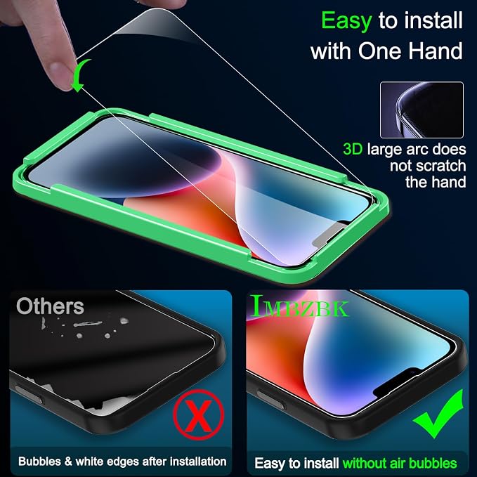 IMBZBK Screen Protector for iPhone 14, Tempered Glass, 3+3 Pack | 9H+ Hardness, Military Grade Shatterproof, Case Friendly, Bubble Free Easy Installation Frame, with 3 Camera Lens Protectors - Image 5