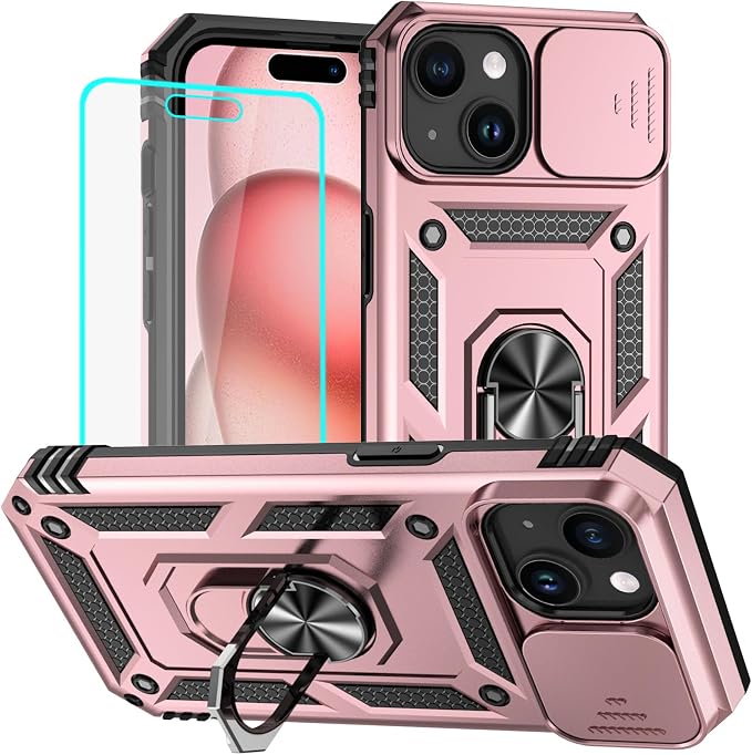 HNHYGETE for iPhone 15 Case with HD Screen Protector: [Military Grade 20ft. Drop Tested] Ring Shockproof Protective Phone Case for - iPhone 15 Rose Gold by HNHYGETE