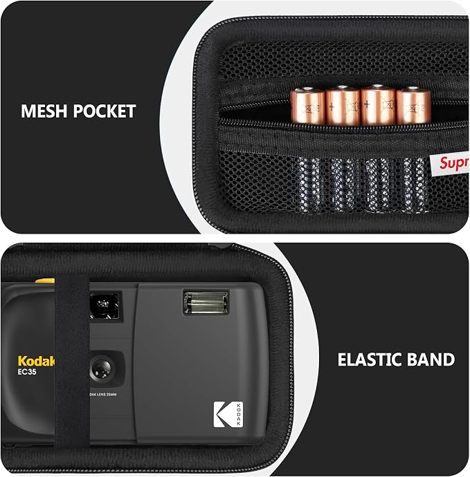 Carrying Case for KODAK EC35 35mm Film Camera 35mm, EC35 Film Camera Storage Case Holder with Zipper Mesh Pocket for AA Battery, with Strap, Black - Image 4
