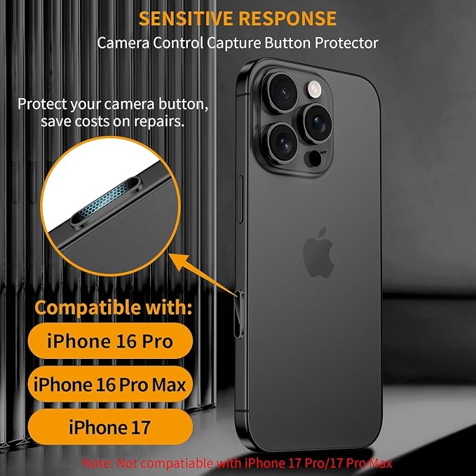 AMANECER 2 Pack Camera Control Button Protector for iPhone 16 Pro/16 Pro Max/17 (Standard), Auto-Alignment Sensitive Capacitive Protective Cover fit Apple Phone Side Click Capture Key, Black Titanium - Image 3