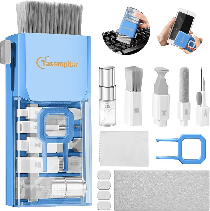 Keyboard Cleaner & Laptop Cleaning Kit for Computer Screen, SkyBlue | High-density Soft brush, Screen Cleaner Spray,2mm Thicken Large Microfiber Polishing Cloth,Metal Pen Tip,Flocking Sponge by Tassmpitor