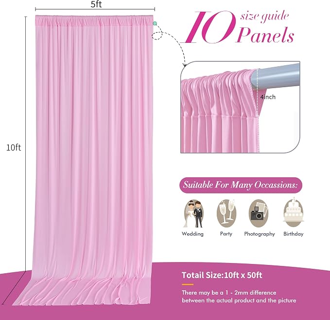 50 ft x 10 ft Wrinkle Free Pink Backdrop Curtain Panels, Polyester Photography Backdrop Drapes, Wedding Party Home Decoration Supplies - Image 5