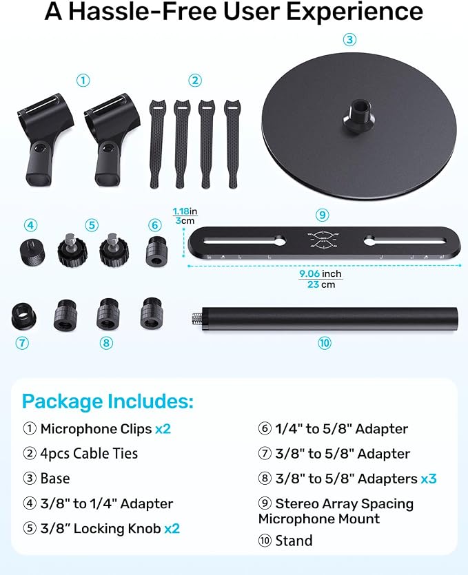Stereo Array Spacing Mic Stand, Weighted Base & Adjustable Bar for XY/ORTF | Adjustable Positioning Bar with Ruled Markings, Stable Tabletop Mic Stand, Dual Mic Mount Holder for XY/ORTF Studio Recording - Image 8
