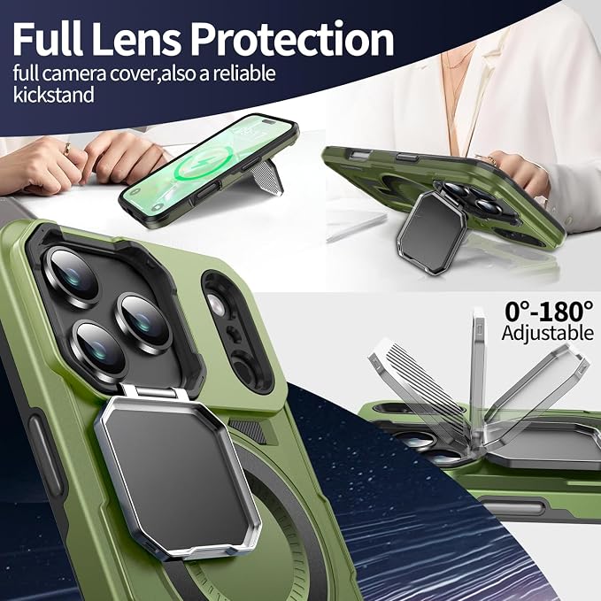 Camera Stand Case for iPhone 17 Pro, [Compatible with MagSafe] [Lens Cover] 2025 Version Military Grade Protective Soft Case for iPhone 17 Pro 6.3 inch Men Women, Green - Image 3