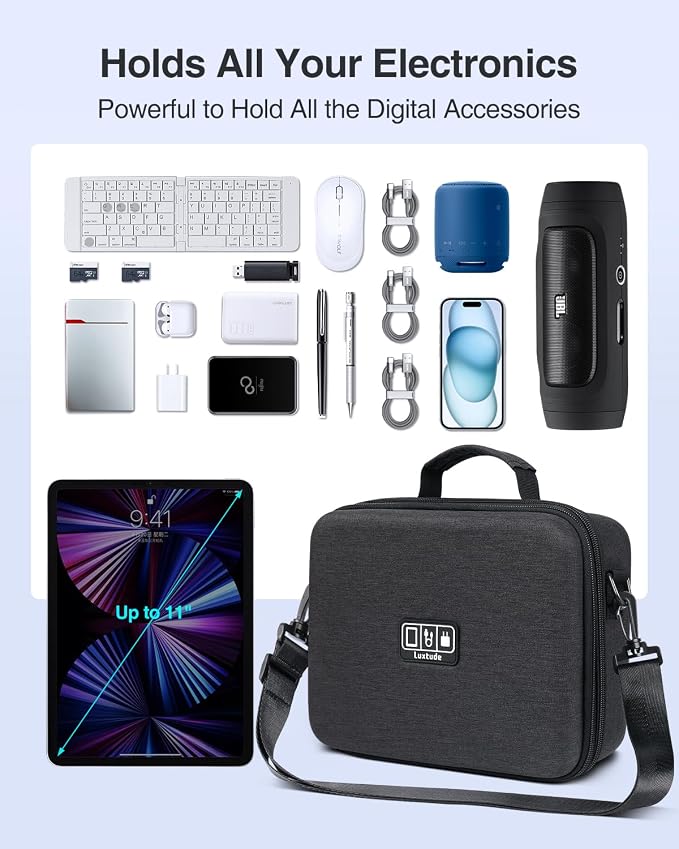 Luxtude Electronic Organizer Travel Case Large, Tech Organizer | Hard Case for Electronics with Shoulder Strap, Fits for iPad (Up to 11’’), Tech Gifts - Image 5