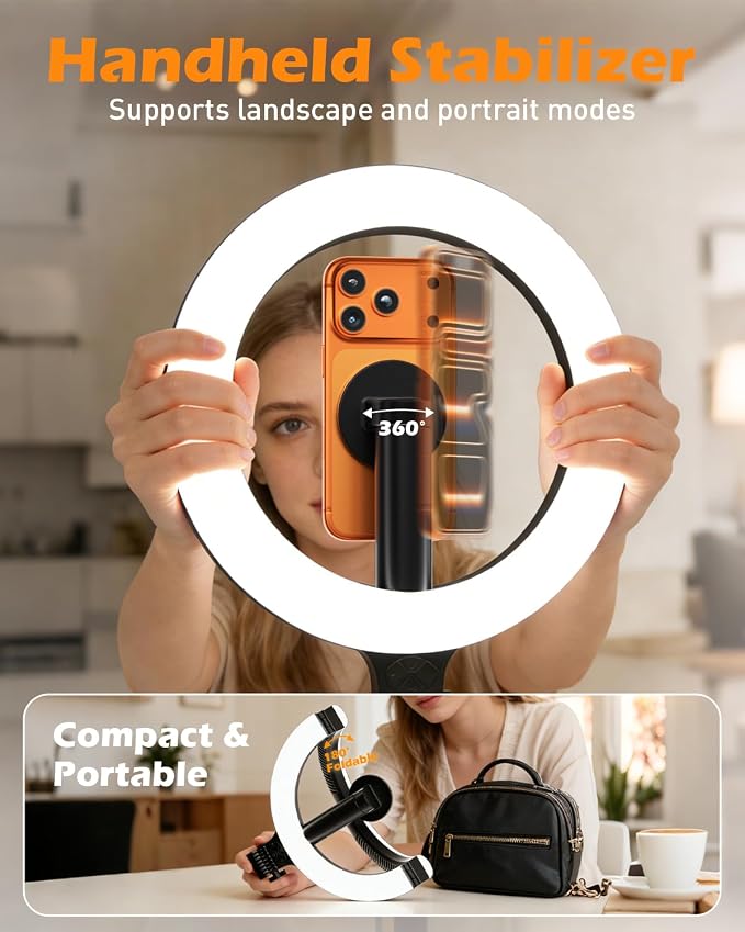 CloudValley Magnetic Overhead Phone Mount with 10" Ring Light, 5000mAh Desktop Tripod with Battery Display, Foldable LED Selfie Light with iPhone Stand for Video Recording Cooking, Live Streaming - Image 4