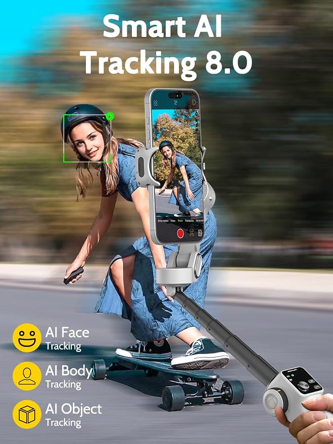 AOCHUAN Gimbal Stabilizer for iPhone w/Extension Rod,Face Tracking(SmartV8) | Phone Gimbal for iPhone with Built-in 7.8Ft Extension Rod, Full-Screen Oled Display, Ideal for Tiktok Recording(White) - Image 4