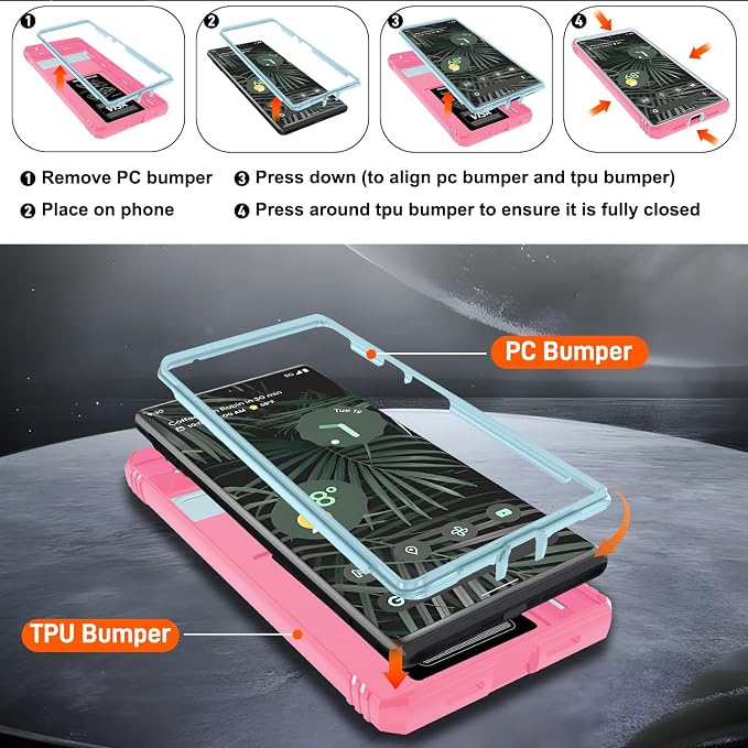 for Google Pixel 6 Pro Case with Slide Camera Cover & Screen Protector (2 PCS), Pixel 6 Pro Case Build in 360° Rotating Ring Kickstand, Military Grade Protective Case for Google 6 Pro Case, Green+Pink - Image 4
