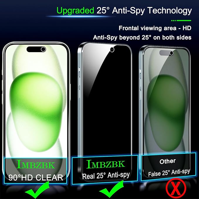 IMBZBK 3 Pack Privacy Screen Protector for iPhone 15 Plus, Tempered Glass | 9H+ Hardness, Military Grade Shatterproof, Case Friendly, Bubble Free Easy Installation Frame, with 3 Camera Lens Protectors - Image 4