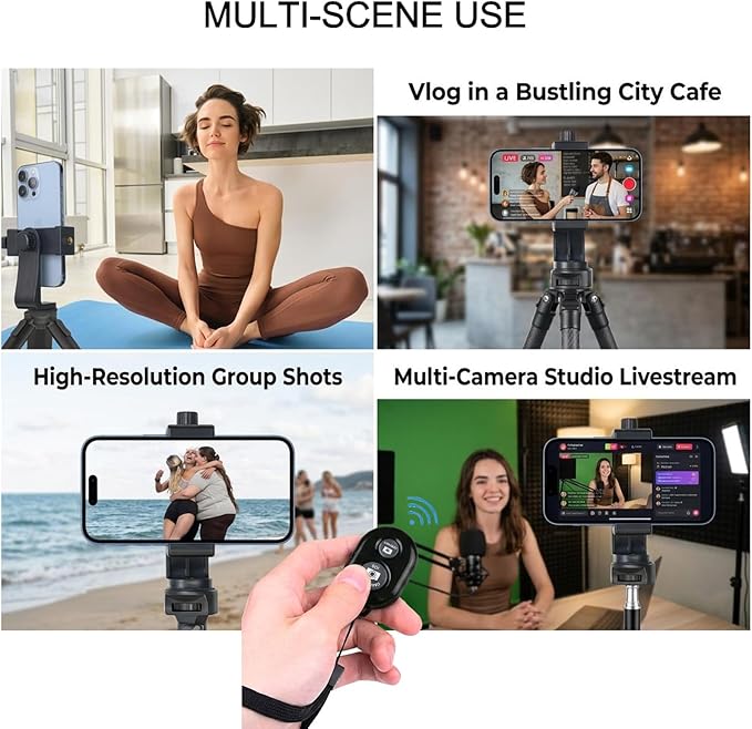 Ruittos Phone Tripod Mount Adapter with Camera Remote Controller, Cell Phone Holder Clip with Adjustable Clamp Compatible with iPhone, Samsung, HTC, Huawei etc., Include Wrist Strap - Image 2