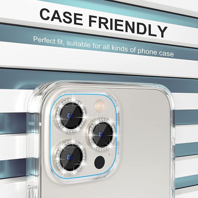 Choiche for iPhone 13 Pro/iPhone 13 Pro Max Camera Lens Protector | Ultra HD, Bling 9H Tempered Glass Camera Cover Screen Protector Metal Ring Decoration Accessories (Diamond-Silver) - Image 4