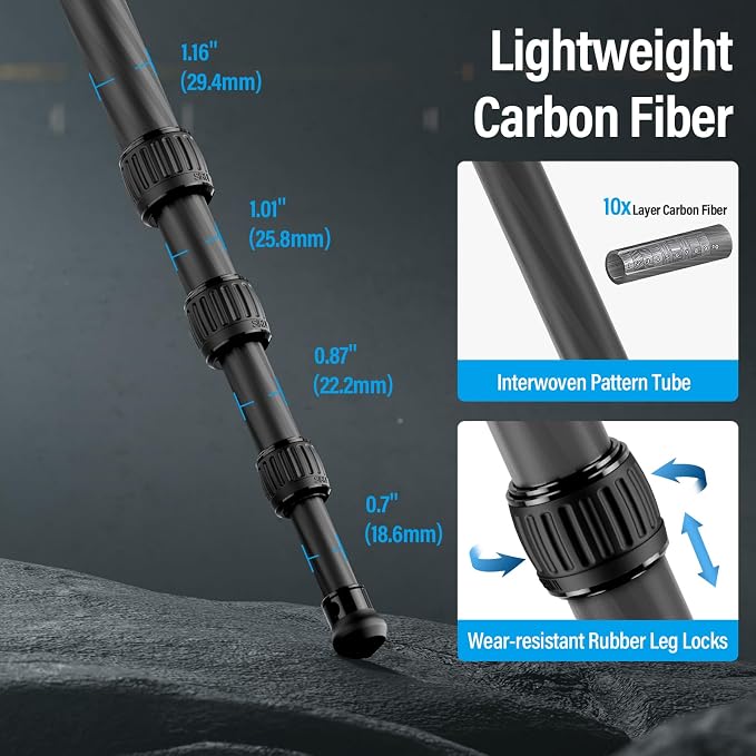SIRUI AM-284 Carbon Fiber Tripod for Travel, Professional Camera Tripod with 4-Section Legs, Twist Leg Locks, Detachable Metal Spikes, Loads up 33LB, Max Height 47.2“ - Image 3