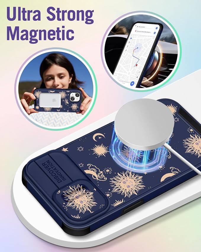 Buleens for iPhone 13 Case 6.1 Inch - with Ring Stand & Camera Cover Aesthetic Cute Designed for Women Girls Sun Moon Stars for Phone Case for iPhone 13 Compatible with Magsafe - Image 4