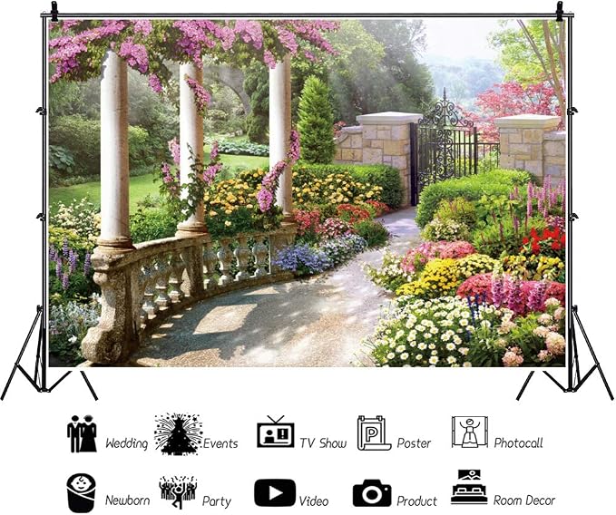 10x8ft Spring Beautiful Garden Photography Backdrop Vintage Garden Architecture Pillars Blooming Flowers Background Outdoor Wedding Portraits Photo Studio Props Wallpaper - Image 2