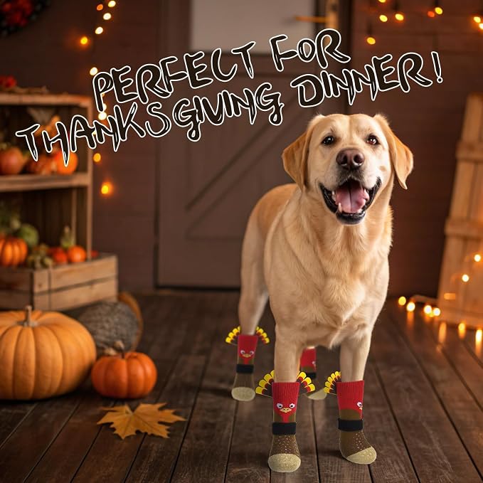 EXPAWLORER Thanksgiving Anti Slip Dog Socks to Prevent Licking Paws,Boots & Paw Protectors with Grippers,Doggie Booties for Hardwood Floors for Small Medium Large Senior Dogs Lifelike Costume Turkey M - Image 2
