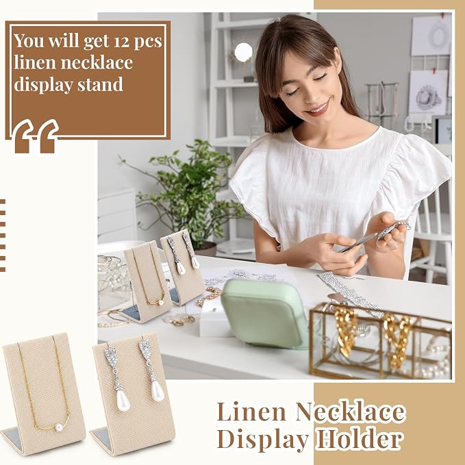 RattanView 12 Pcs Earring Display Stand Necklace Holder, Linen Color, Linen - Image 4