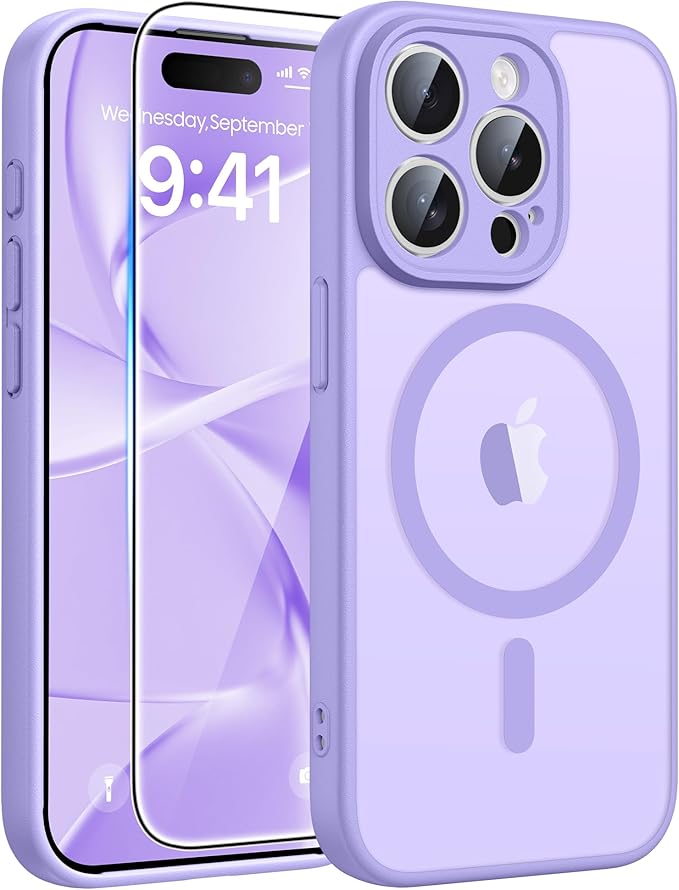 FNTCASE for iPhone 15 Pro Max Case, Fit for Magsafe, Glass Screen Protector | Full Camera Protection, Translucent Matte, 14FT Military Grade Drop Proof, Shockproof Protective Phone Cover, Light Purple by FNTCASE