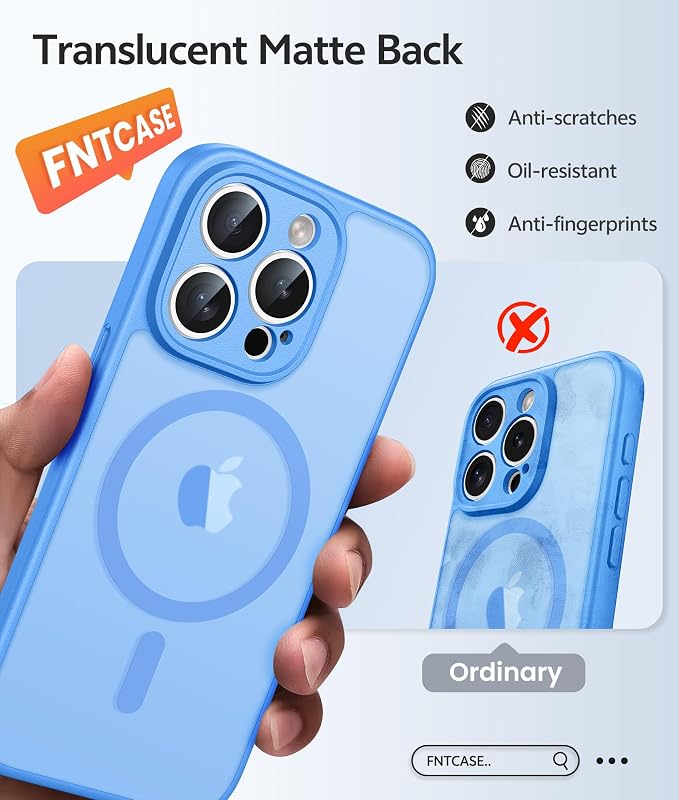 FNTCASE for iPhone 15 Pro Max Case, Fit for Magsafe, Glass Screen Protector | Full Camera Protection, Translucent Matte, 14FT Military Grade Drop Proof, Shockproof Protective Phone Cover, Ice Blue - Image 6