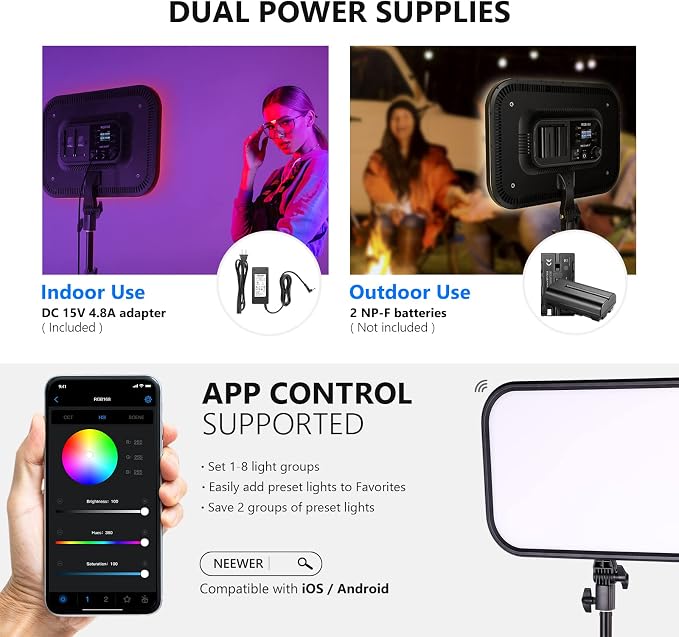 NEEWER RGB168 18.3" RGB LED Video Panel Light with App Control | Bluetooth, 2 Pack Tripod Stand Kit, 60W, 360° Full Color, 2500K-8500K, CRI97+, for Studio Photography YouTube Game Streaming - Image 8