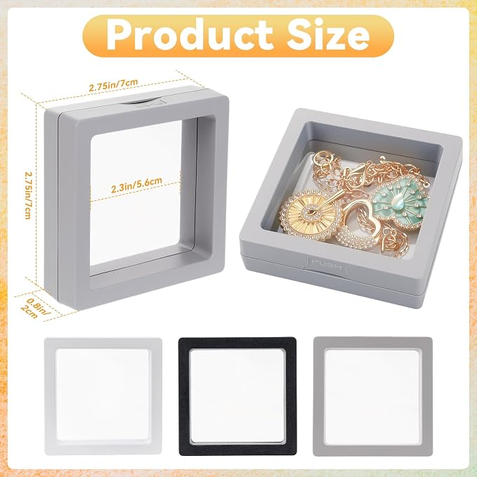 12 Pcs 3D Floating Frame Display Stand, Transparent Jewelry Gift Boxes | 2.75 x 2.75 x 0.8 Inch Small Jewelry Gift Boxes with PE Film, for Earrings Necklaces Rings Coins Specimens Crafts, 3 color - Image 2