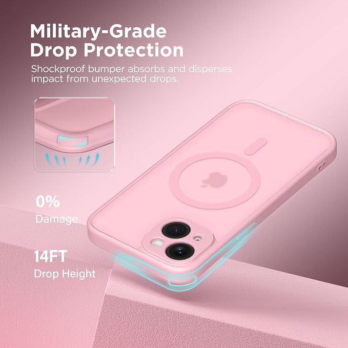 CAPRARO for iPhone 14 Case, Compatible with MagSafe | Upgraded [Full Camera Protection] Shockproof Protective Slim Translucent Matte Magnetic Phone Case 6.1'', Peach Pink - Image 5