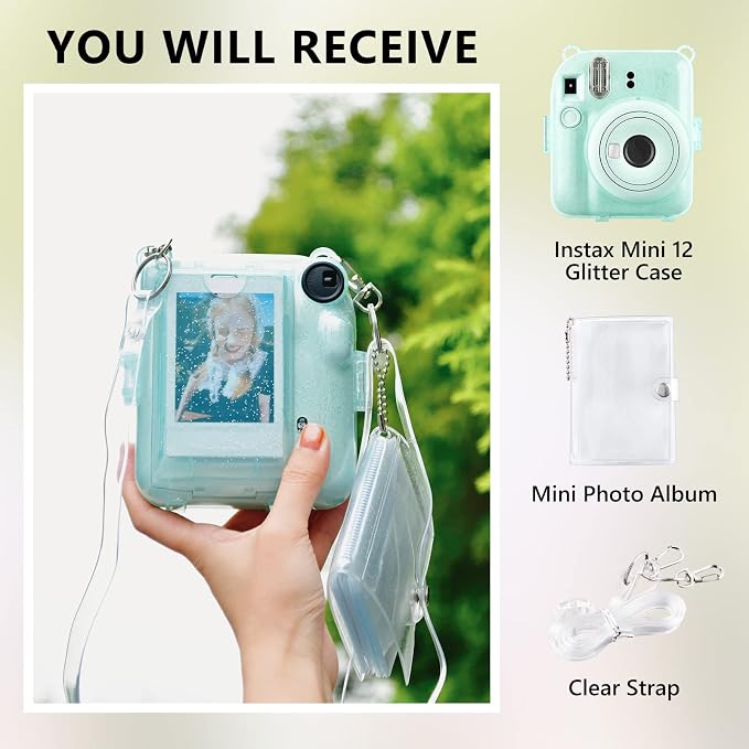 Rieibi Clear Case Compatible with Fuji Instax Mini 12 - Glitter Case Bag for Fujifilm Instax Mini 12 Instant Camera with Back Pocket, Strap and Photo Album - Glitter Green - Image 2