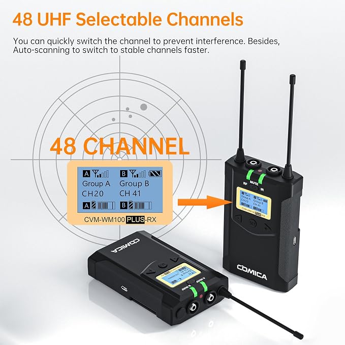COMICA CVM-WM100PLUS UHF Wireless Lavalier Microphone for Camera Smartphone | 48 UHF Selectable Channel, Noise Cancellation, 160ft Stable Range, Dual Lapel Mic for YouTube TikTok Vlog Interview Stream - Image 2
