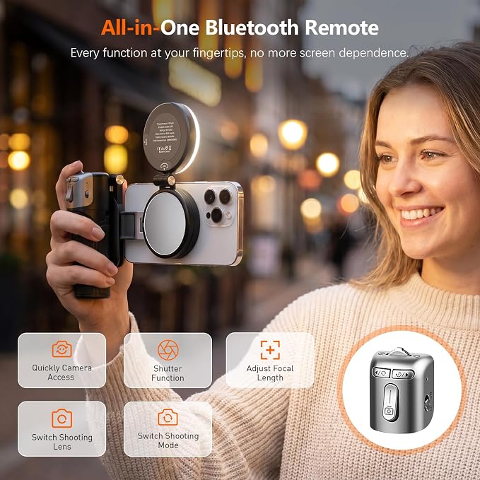 AMAZEAR Phone Camera Grip with Selfie Stick Tripod, Cellphone Accessories with Detachable Wireless Shutter Button for iPhone 16 17 Pro Max, Comfort Ergonomic Phone Handle Holder, White with Light - Image 3