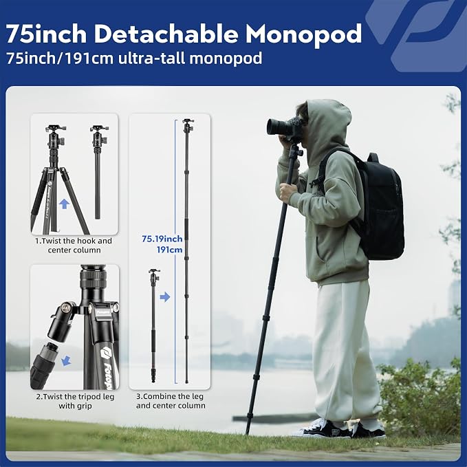 Fotopro 73"/185cm Carbon Fiber Travel Tripod for Camera, 360° Panorama Ball Head, Arca Quick Release Plate, Portable Bag, Compact Travel Tripod Monopod for DSLR Camera Camcorder, Load up to 22lbs/10kg - Image 4