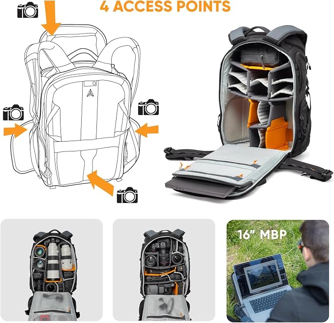 Lowepro ProTactic BP 450 AW III Camera Backpack, 4-point Access, Professional Camera Bag, DSLR/Drones/Mirrorless, Up to 16" Laptop, Rain Cover, for Photographer,Videographer, Volume 28L - Image 3