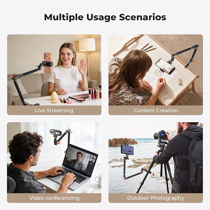 K&F CONCEPT 22" Magic Arm, Overhead Desk Camera Arm Mount, Long Articulating Friction Boom Arm for Phone, Action Camera, LED Light, Microphone - Image 2
