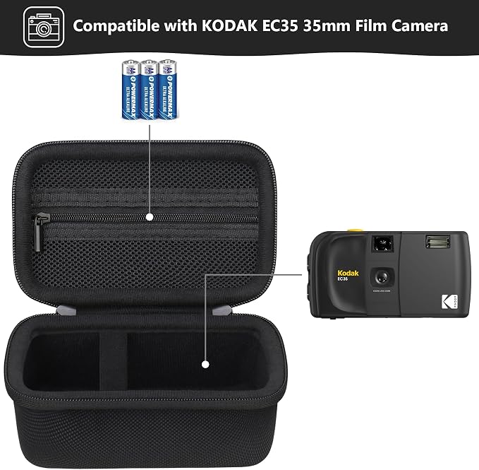 Carrying Case for KODAK EC35 35mm Film Camera 35mm, EC35 Film Camera Storage Case Holder with Zipper Mesh Pocket for AA Battery, with Strap, Black - Image 2