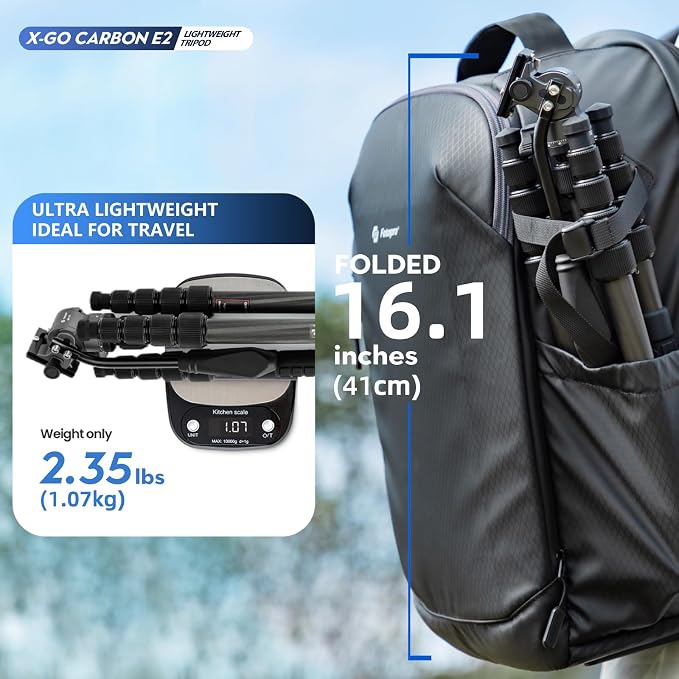 Fotopro 59" Carbon Fiber Travel Tripod, Compact Video Tripods with Fluid Head, Detachable Monopod with Quick Release Plate and Bag, Camera Tripod Load up to 8KG/17.63lbs - Image 3