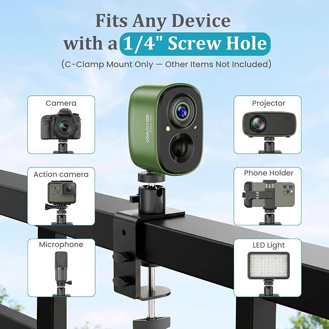 C-Clamp Mount with 360 Degree Ball Head & 1/4 Screw Adapter for Camera | Compatible with Go Pro, Ring, Google Nest, Wyze, and Arlo, Fits Desk/Railing/Branch/Handlebar, Metal, Black (60mm) - Image 4