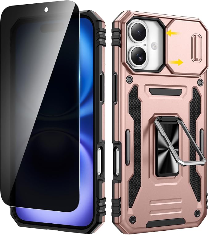 VEGO for iPhone 16 Plus Case with Camera Cover & Privacy Screen Protector | Tempered Glass Screen Protector & Ring Kickstand Military Grade Heavy Duty Protection Cover for iPhone 16 Plus - Rose Gold by VEGO