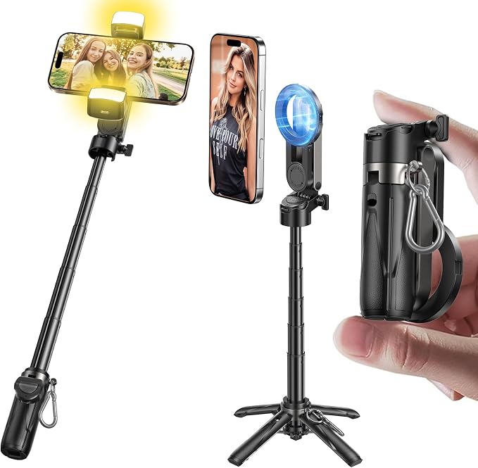 MAGIC JOHN Phone Tripod with 2 Selfie Light, Portable Pocket Size Selfie Stick for iPhone Magsafe, Selfie Stick with Detachable Remote Control for Photograph, Live Streaming, Video Recording by MAGICJOHN
