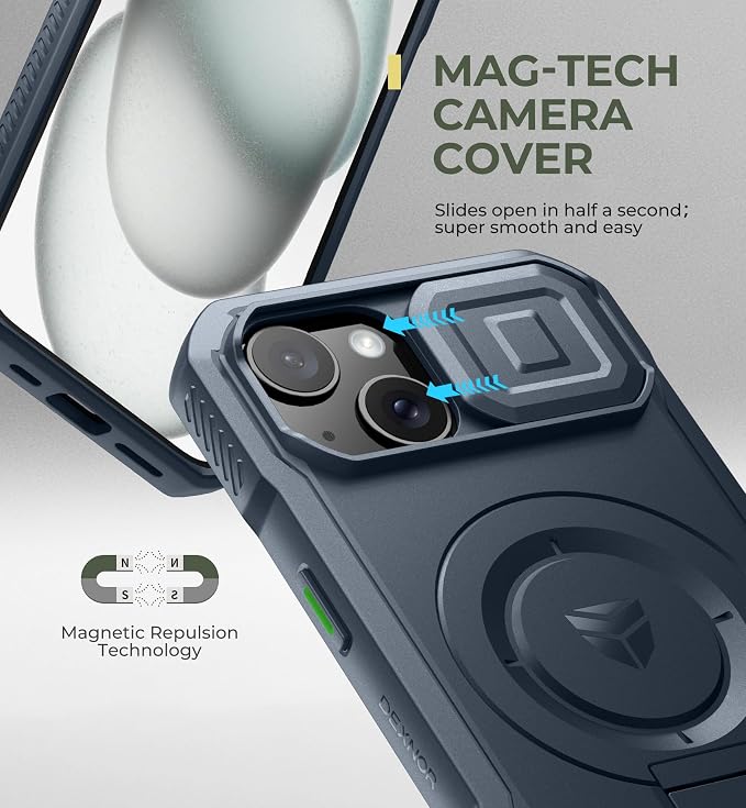 Dexnor for iPhone 15 Case with Slide Camera Cover & Adjustable Kickstand, Compatible with MagSafe, Rugged Shockproof Bumper Cases Heavy-Duty Magnetic Protective Cover,6.1 inch,Navy Blue - Image 4