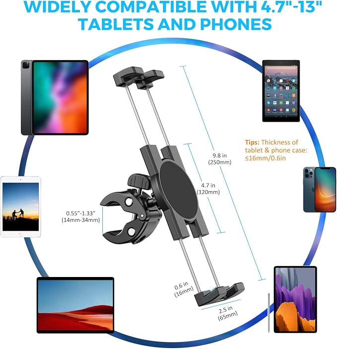 KDD Spin Bike Tablet Holder Mount, Phone iPad Holder Stand Exercise Bike Handlebar Mount for Stationary Bicycle, Treadmill, Microphone Stand, Fit for iPad Pro 12.9, Galaxy Tabs, iPhone(4.7-13”) - Image 5