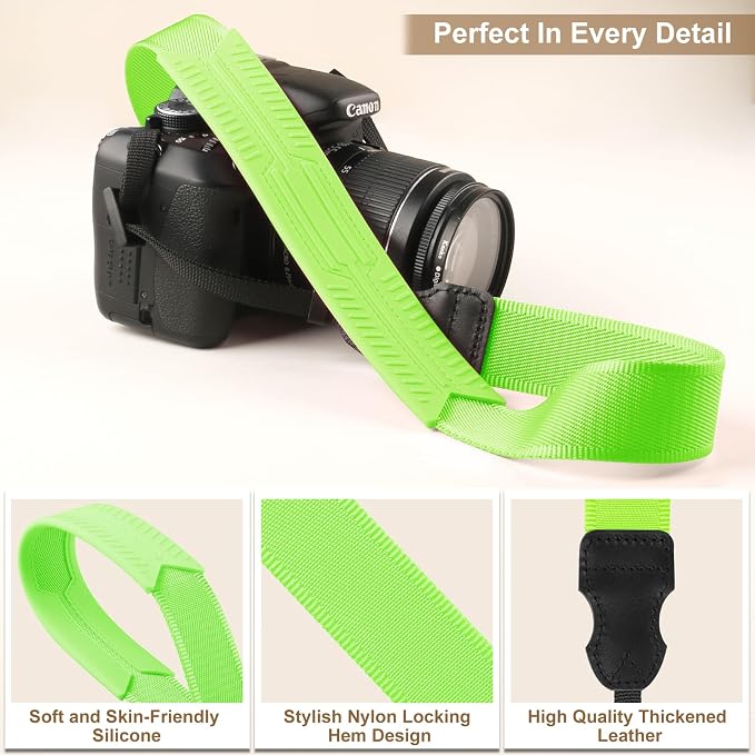 FIEIL Neck Strap Silicone Camera Straps - Padded Camera Strap, 1.5" Wide Adjustable Nylon Shoulder Strap - Compatible with Canon, Nikon, Sony, and More DSLR and Mirrorless Cameras (Fluorescent Green) - Image 5