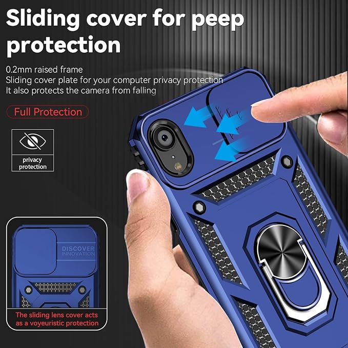 HNHYGETE for iPhone XR Phone Case with HD Screen Protector: [Military Grade 20ft. Drop Tested] Slide Camera Cover Ring Shockproof Protective Phone Case for - iPhone XR (Blue) - Image 3