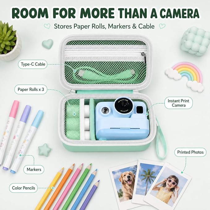 Kids Instant Print Camera Case for DYLANTO for ESOXOFFORE Cameras | Portable Digital Camera Case Organizer for ETIKEZ for YTETCN for DUDUDRAGON with Pocket for Accessories (Box Only)-Mint Green - Image 3