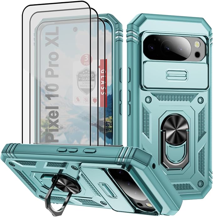 Case for Google Pixel 10 Pro XL/Pixel 9 Pro XL, with 3 Pcs Tempered Glass Screen Protector Built in Ring Stand Kickstand + Camera Cover, Hard PC Soft TPU Defender Full Body Protective Case - Green by Unknown