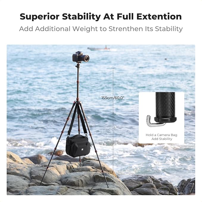 K&F Concept 60" Carbon Fiber Camera Tripod, Detachable Monopod for SLR DSLR | Max Load 17 lb, Lightweight Compact Travel Tripod, 360 Degree Ball Head, Quick Release Plate, A225C0+BH-25L - Image 7