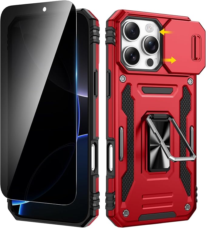 VEGO for iPhone 16 ProMax Case with Privacy Screen Protector and Stand Red | Slide Camera Cover & Ring Kickstand Military Grade Heavy Duty Protection Cover for iPhone 16 Pro Max 5G 6.9 Inch - Red by VEGO