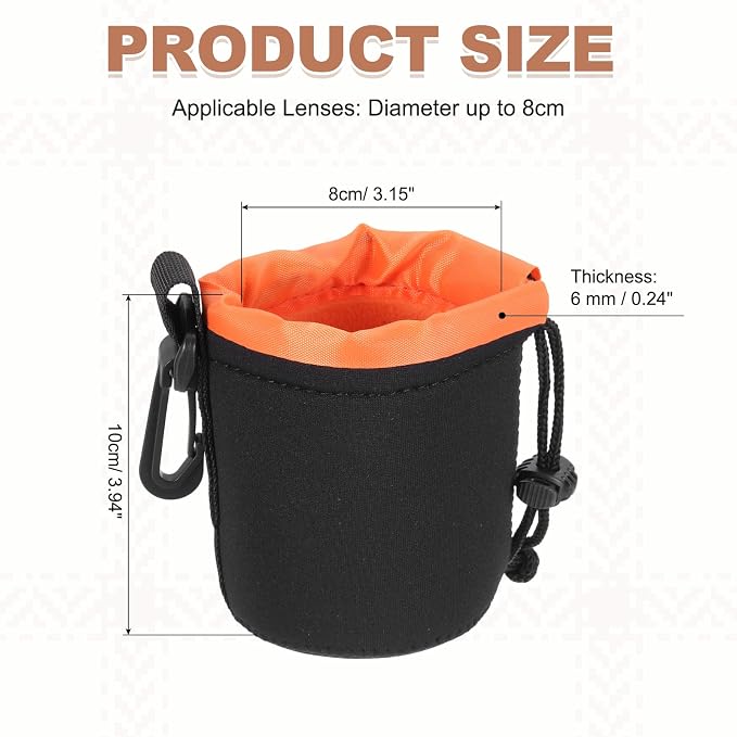 PATIKIL Camera Lens Pouch, 3" ID x 4" H Drawstring Plush Lens Pouch Protective Camera Lens Case Bag Soft Plush Neoprene Bag for DSLR Photography Gear, Black/Orange - Image 2