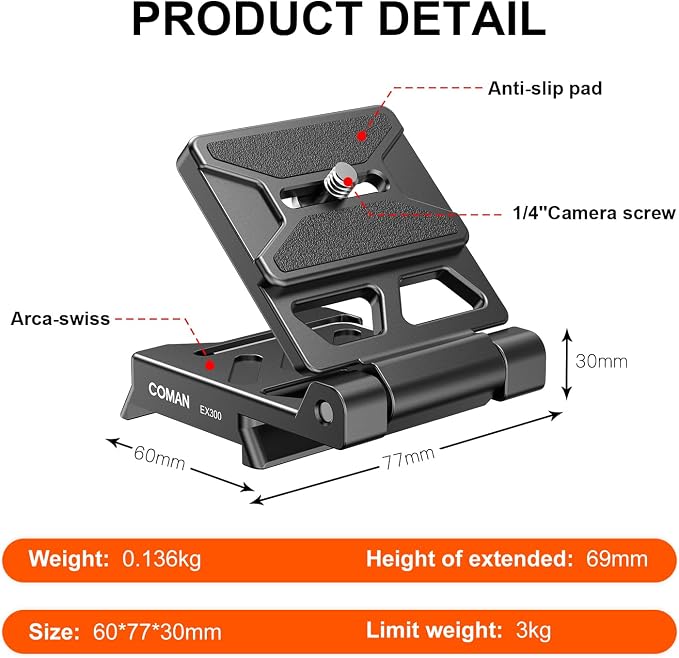 COMAN EX300 Foldable Camera L Bracket, Universal L-Shaped Vertical Horizontal Camera Quick Release Plate, for DSLR, Camera, Mirrorless, Gimbal, Tripod, Monopod - Image 6