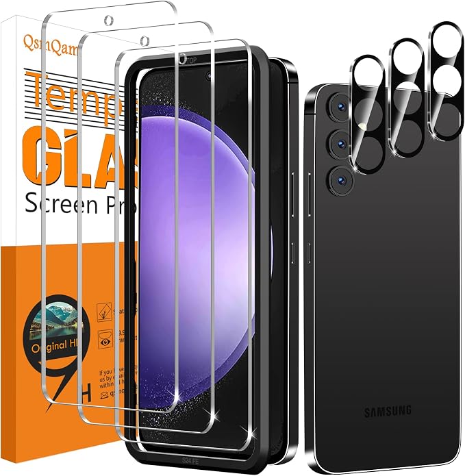 QsmQam 3 Pack Screen Protector for Samsung Galaxy S24 FE + 3 Pack Camera Lens Protector, Ultra HD Tempered Glass, 9H Hardness, Anti Scratch, Easy Installation - Case Friendly by QsmQam