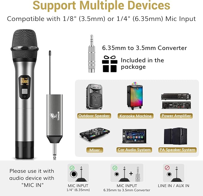 TONOR Wireless Microphone, 2 * 15 Channel Dual UHF Metal Cordless Handheld Mic System with Rechargeable Receiver, for Karaoke, Singing, Party, Wedding, DJ, Speech, 200ft, Silver, 2Mics - Image 5