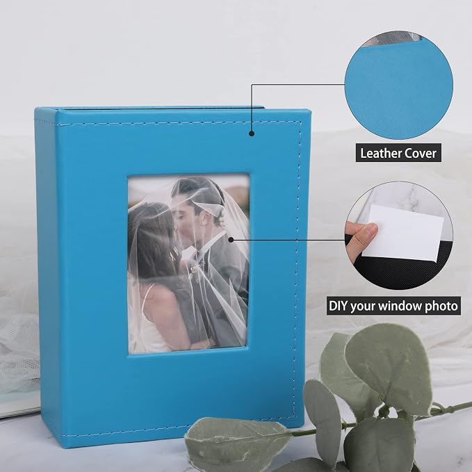 RECUTMS Small Photo Album 4x6 Pictures 100 Photos Leather Wedding Book Blue | White Inner Page, 100 Vertical Pockets, Travel Family Anniversary Baby Photobook, DIY Cover Window, Birthday Graduation Gifts - Image 3